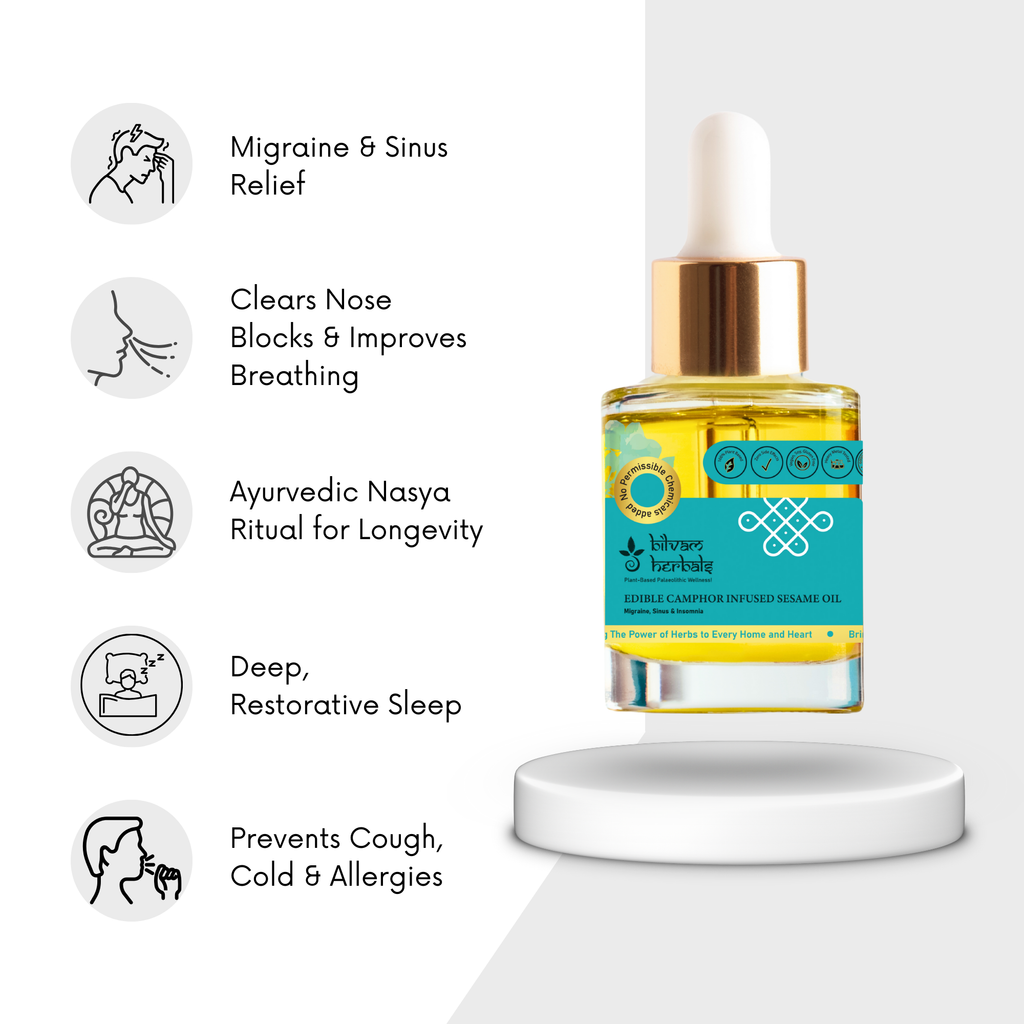 Edible Camphor Infused Sesame Oil - Migraine, Sinus & Insomnia - 30 ml e 1.01 fl. oz. Bilvam Jaganmaata Herbals Pvt. Ltd.