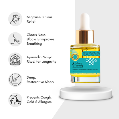 Edible Camphor Infused Sesame Oil - Migraine, Sinus & Insomnia - 30 ml e 1.01 fl. oz. Bilvam Jaganmaata Herbals Pvt. Ltd.