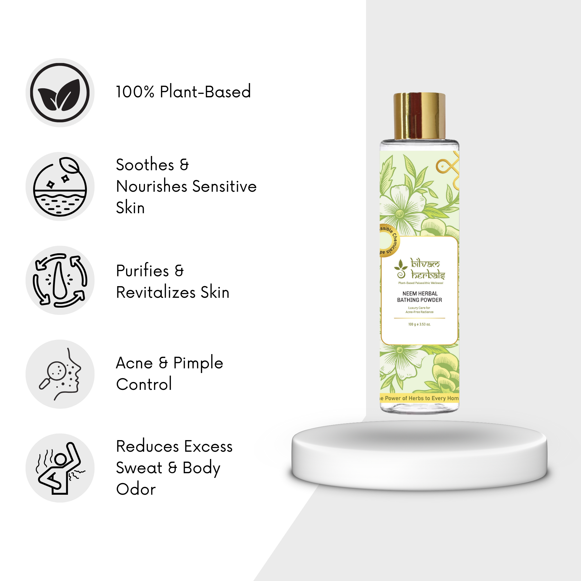Neem Herbal Bathing Powder - Luxury Ayurvedic Skincare for Radiant, Acne-Free Skin - 100 g e 3.53 oz. Bilvam Herbals