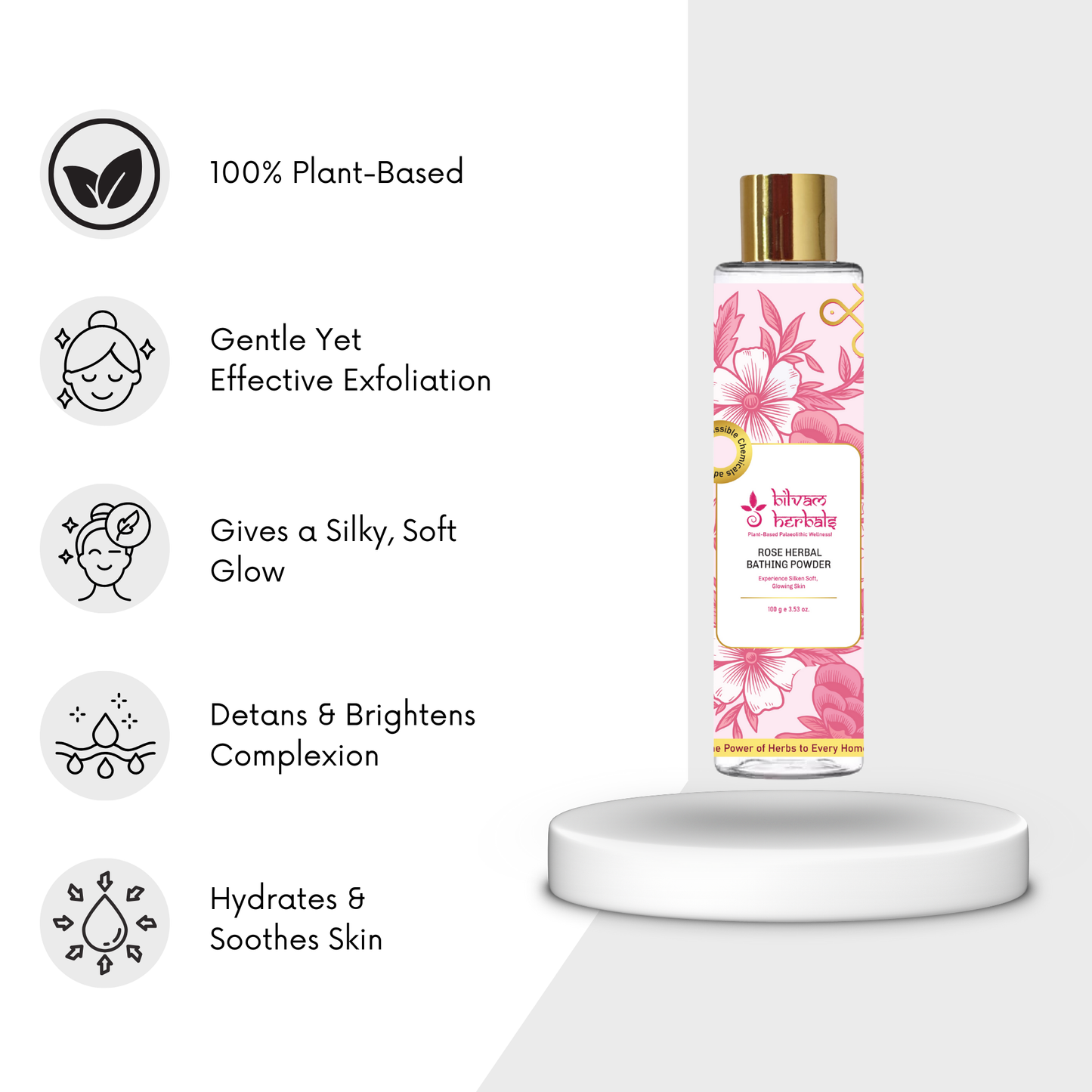 Rose Herbal Bathing Powder - Experience Silken Soft, Glowing Skin - 100 g e 3.53 oz. Bilvam Herbals