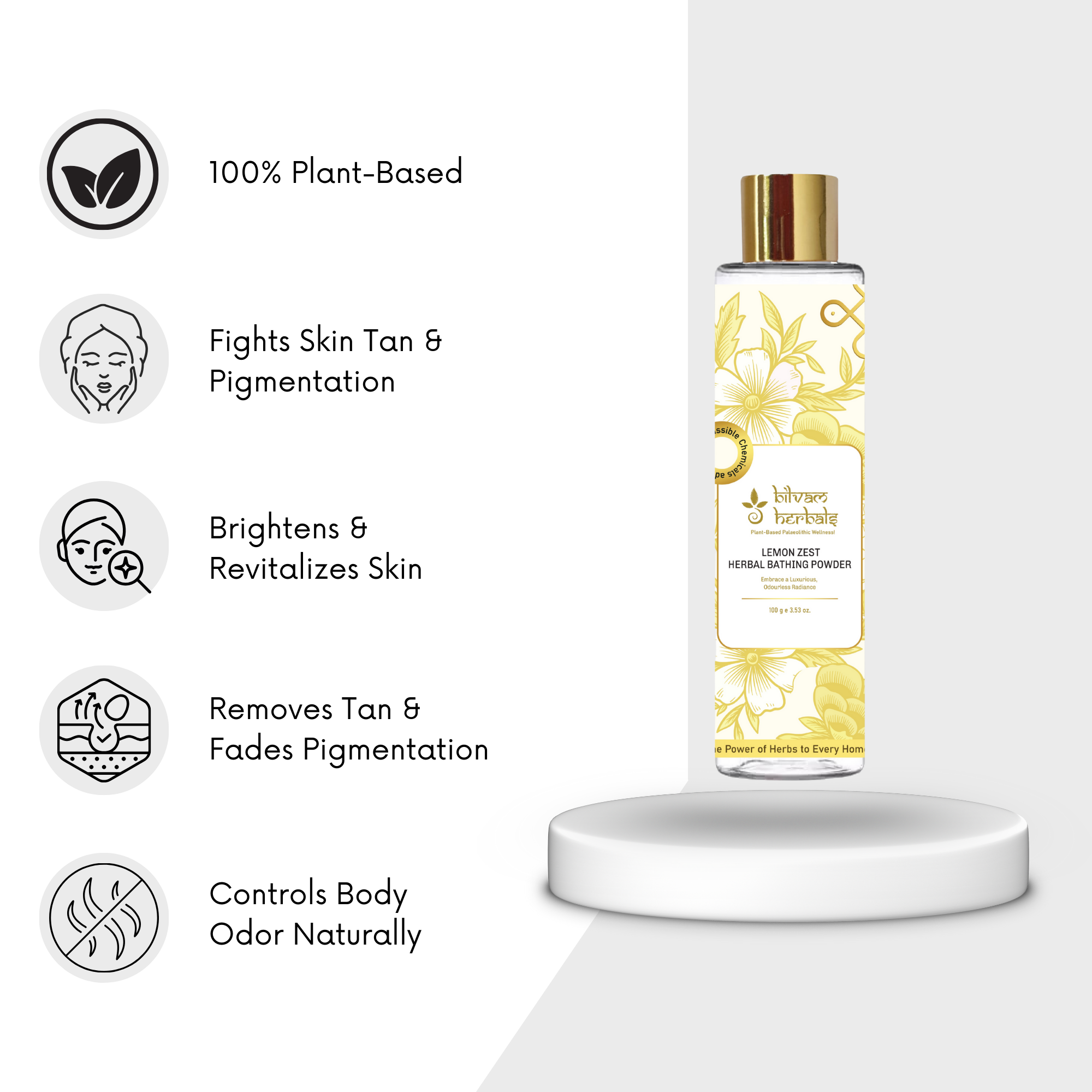 Lemon Zest Herbal Bathing Powder - Embrace a Luxurious, Odourless Radiance - 100 g e 3.53 oz. Bilvam Herbals