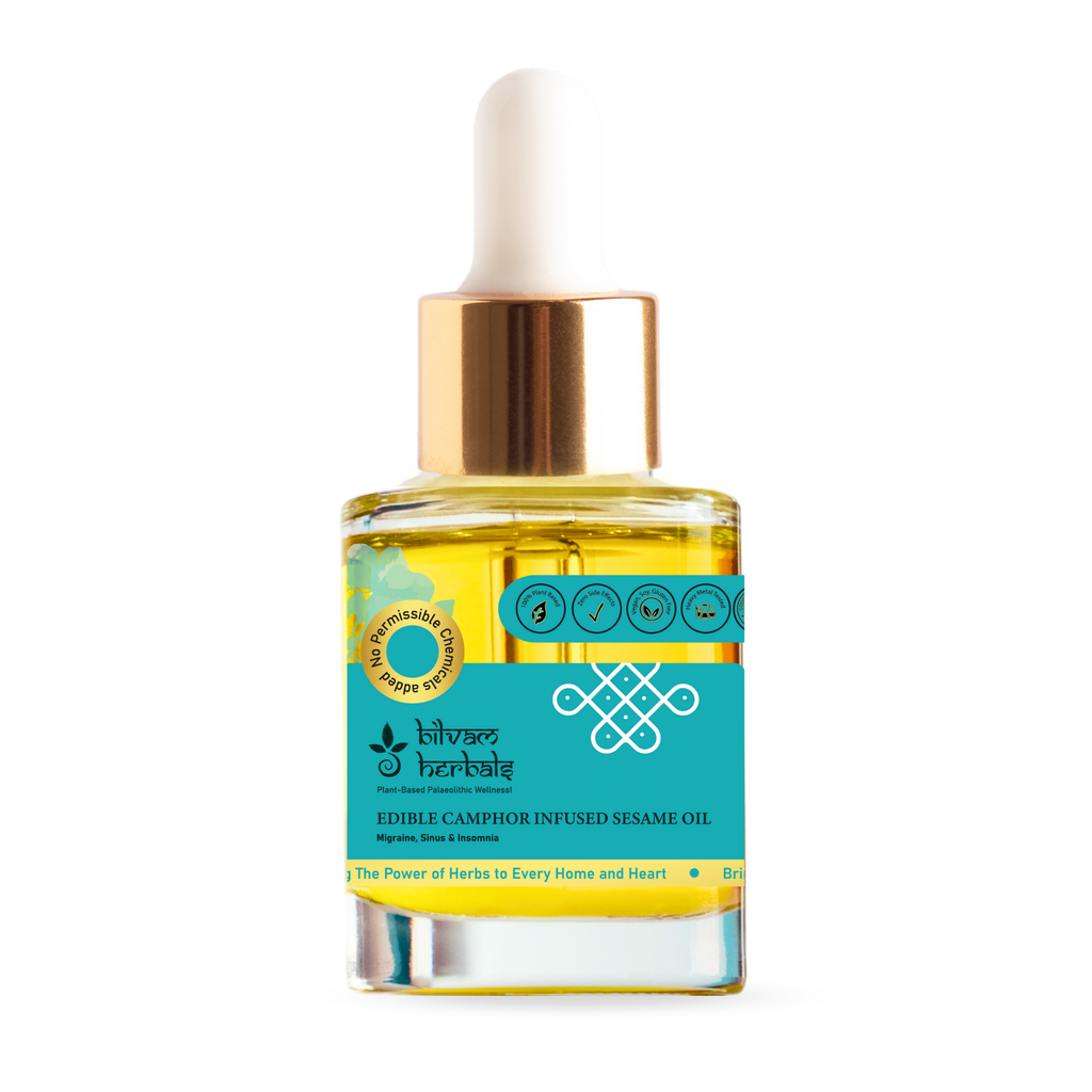 Edible Camphor Infused Sesame Oil - Migraine, Sinus & Insomnia - 30 ml e 1.01 fl. oz. Bilvam Jaganmaata Herbals Pvt. Ltd.