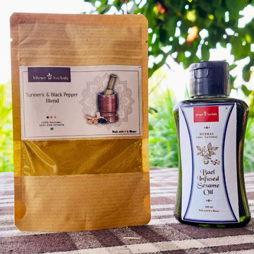 Pain Relief Kit | Bael Infused Sesame Oil | Turmeric and Black Pepper Blend | 100ml + 100g